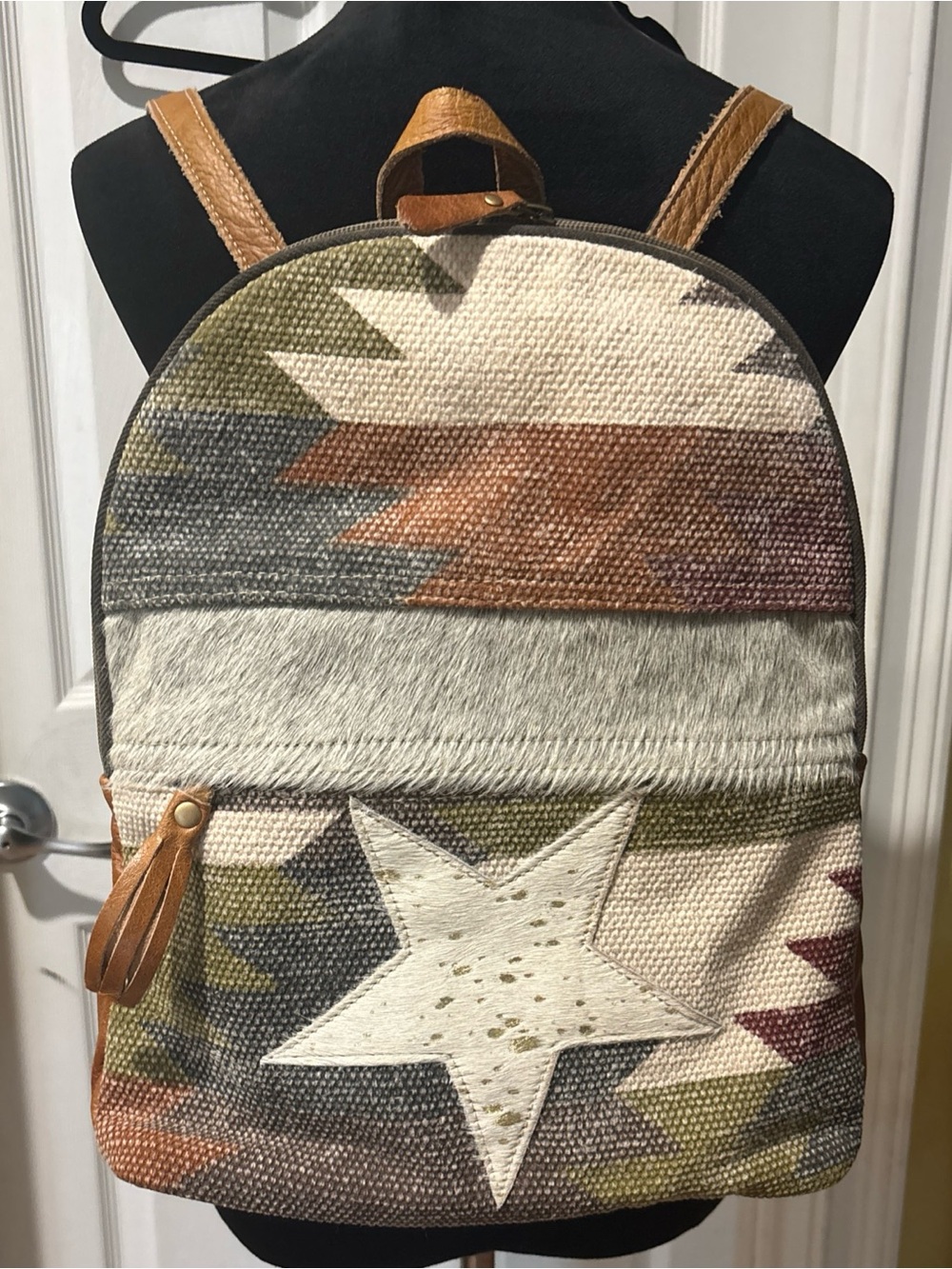 Myra Bag Leather Canvas Aztec Star Backpack Neutral Colors Western Boho